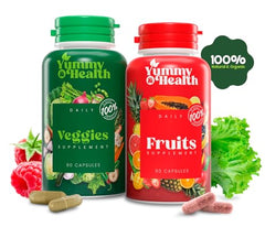 Yummy & Health plant-based capsules display colorful fruit and veg blend.