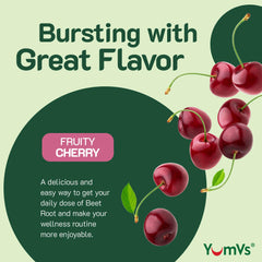 YUM-V'S Beet Root Gummies close-up highlights berry flavor and soft texture for easy daily enjoyment.