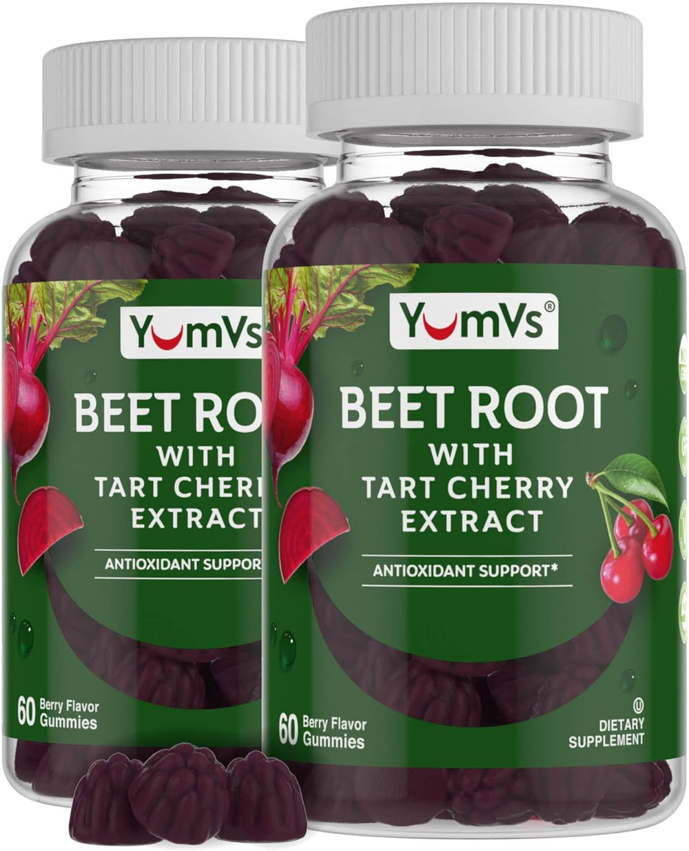 YUM-V'S Beet Root Gummies bottle with tart cherry and berry flavor for daily antioxidant support.