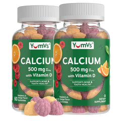 YUM-V'S Calcium 500mg with D3 bottle shows raspberry flavor for daily bone support