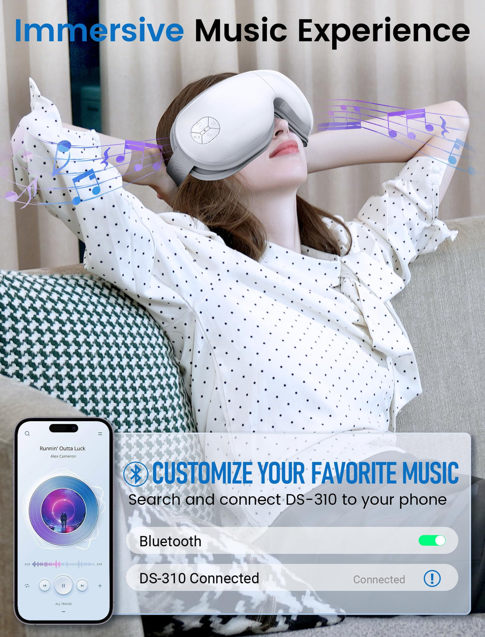 Dual layer air pressure massage simulates gentle kneading around temples and eyelids