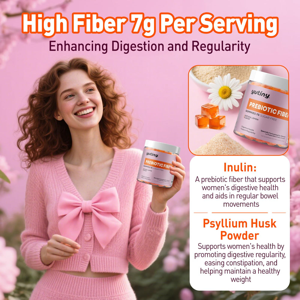 Yutiny fiber gummies packaging front emphasizing prebiotic fiber from inulin and psyllium
