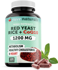Yuve red yeast rice 1200 mg with CoQ10 bottle front view suggesting cholesterol balance support