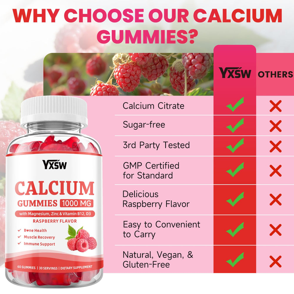 YXSW Calcium Gummies packaging emphasizes non-GMO, gluten-free, dairy-free formulation
