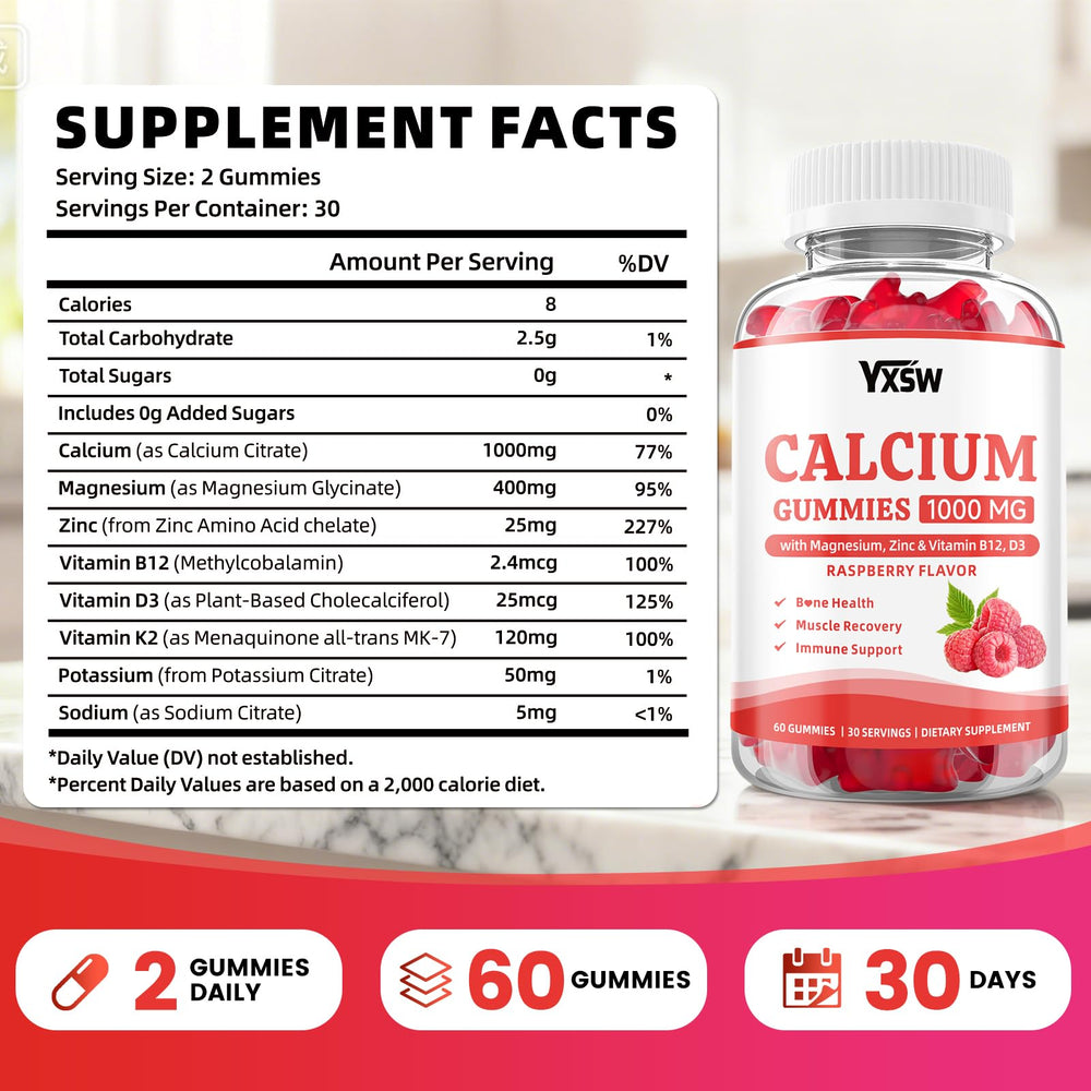 YXSW Calcium Gummies pour shot showing convenient on the go consumption with raspberry flavor