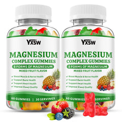 YXSW Magnesium Complex Gummies bottle front highlighting vegan, non-GMO wellness and daily use.