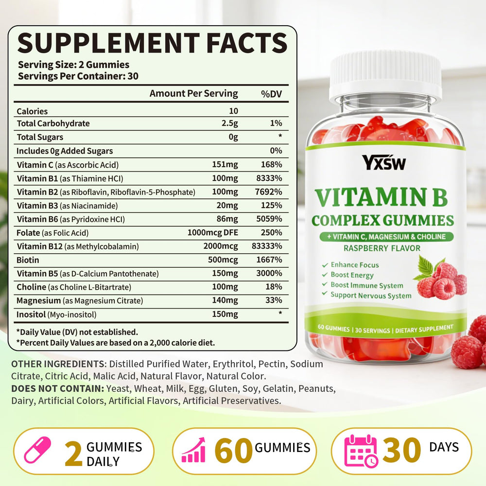 YXSW Vitamin B Complex Gummies serving with raspberry flavor for focus and mood