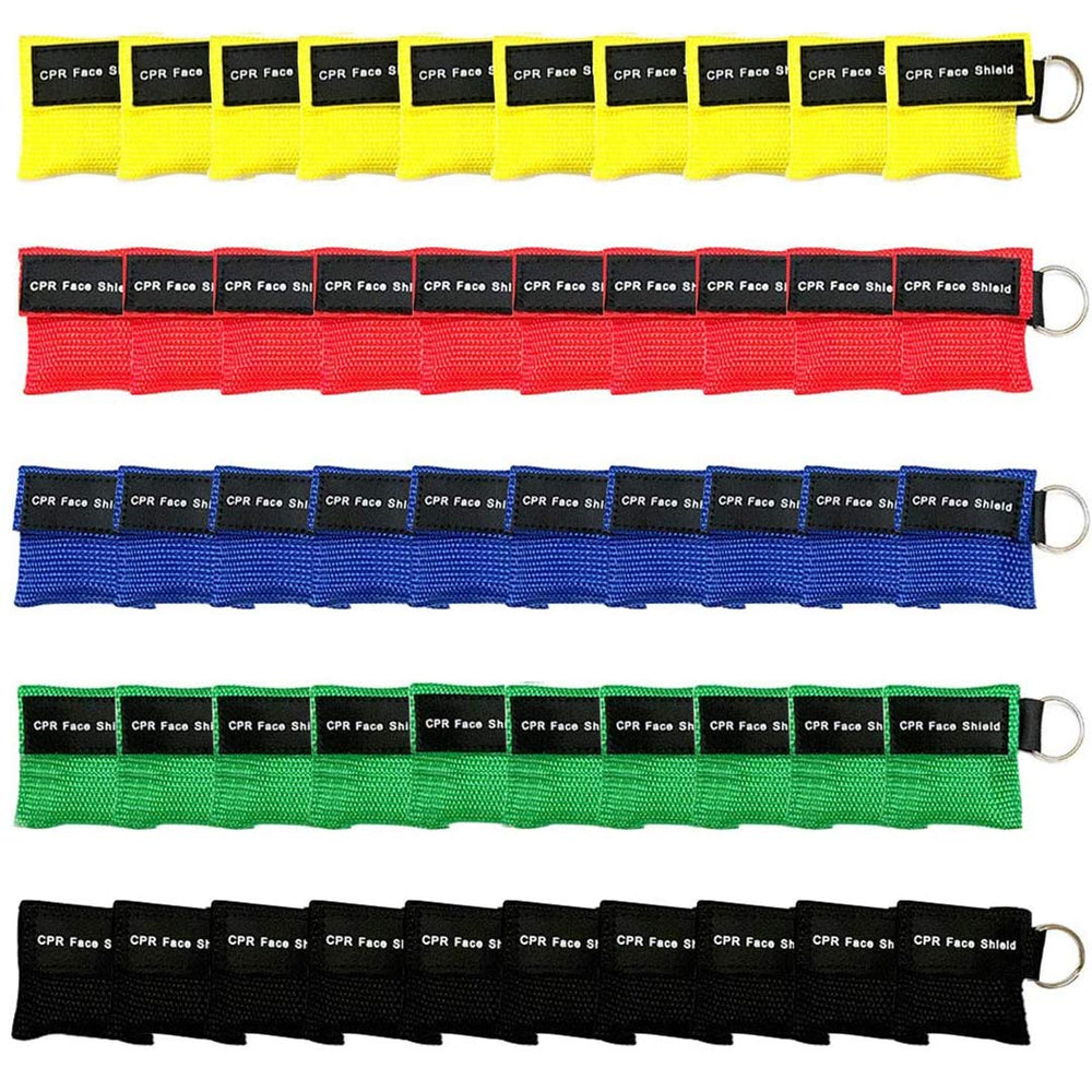 Yzpacc CPR mask colorful 50pcs pack for quick first aid readiness.