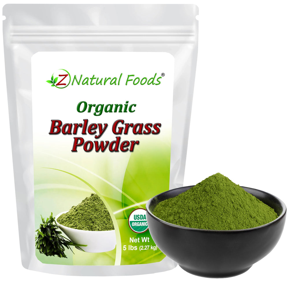 Z Natural Foods barley grass powder bottle highlighting natural greens for daily energy.