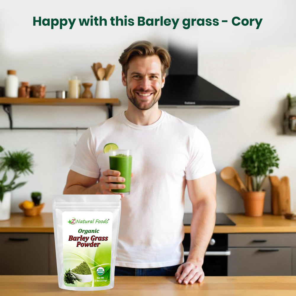 Z Natural Foods barley grass powder close-up texture shows fine powder.