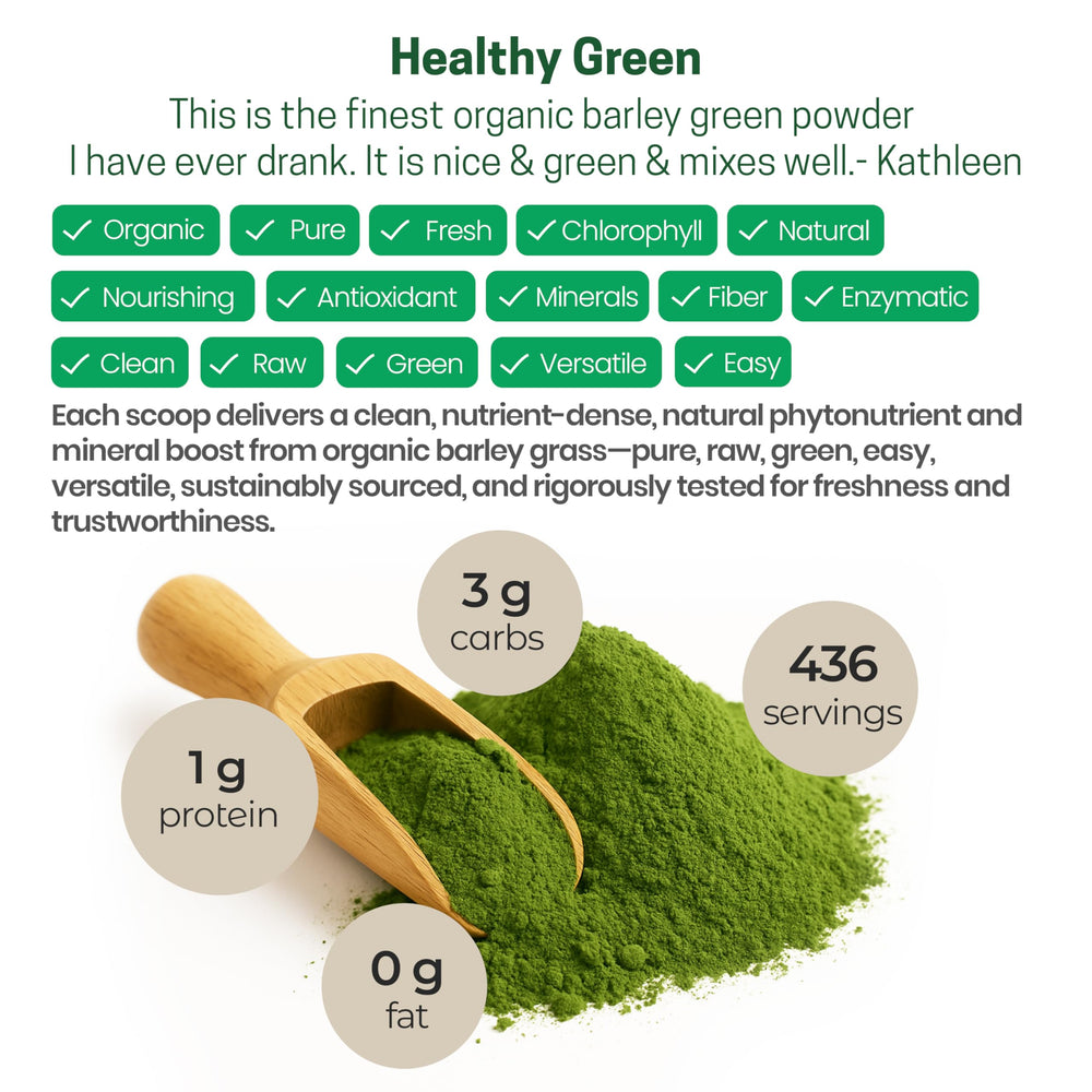 Z Natural Foods barley grass powder dispensing scoop illustrating measured portions.