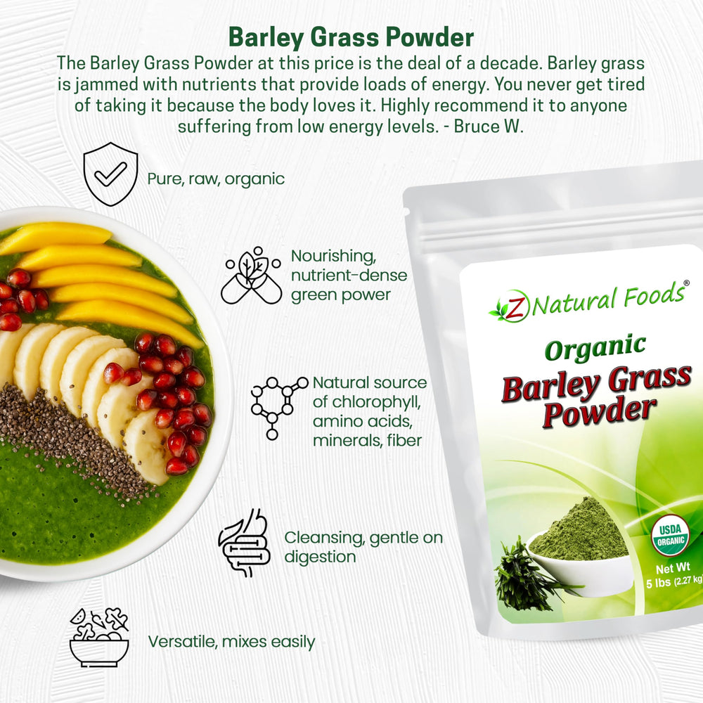 Z Natural Foods barley grass powder in a smoothie glass showing vibrant color.