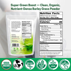 Z Natural Foods barley grass powder jar label emphasizes organic purity and antioxidant trio.