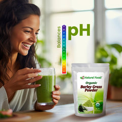 Z Natural Foods barley grass powder bottle with nutrition facts overview.
