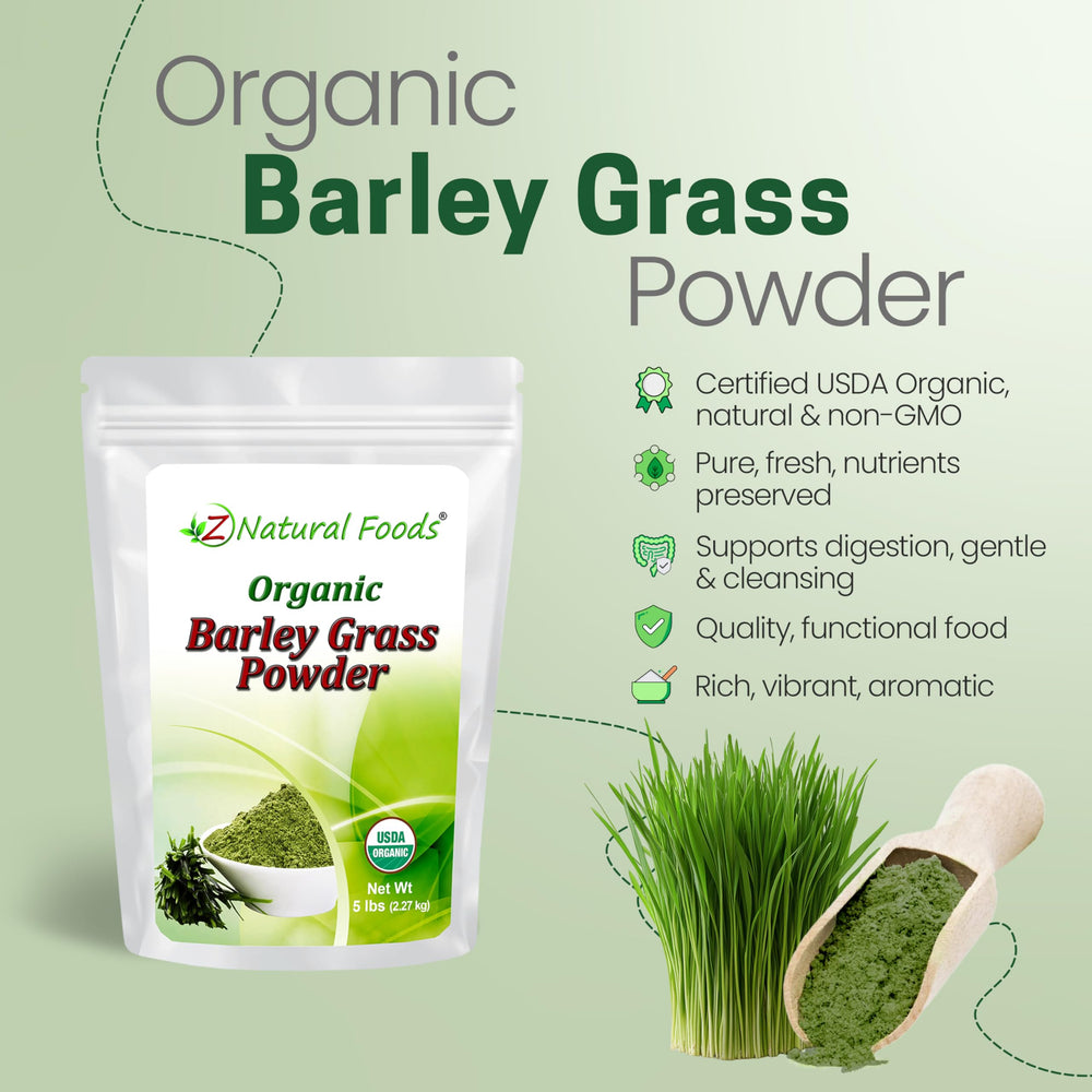 Z Natural Foods barley grass powder scoop ready for smoothie mixes.