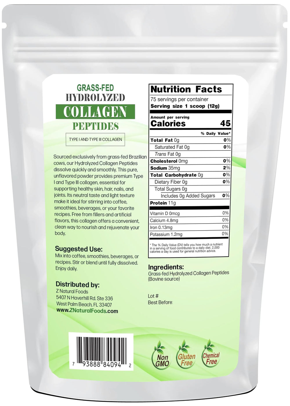 Z Natural Foods collagen peptides powder serving scoop for easy daily mixing and joint support.