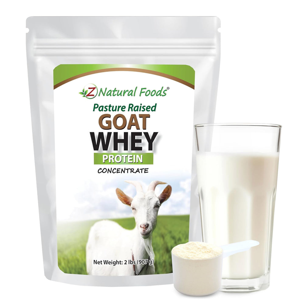 Z Natural Foods Goat Whey Powder bottle on a clean counter, high-protein option.