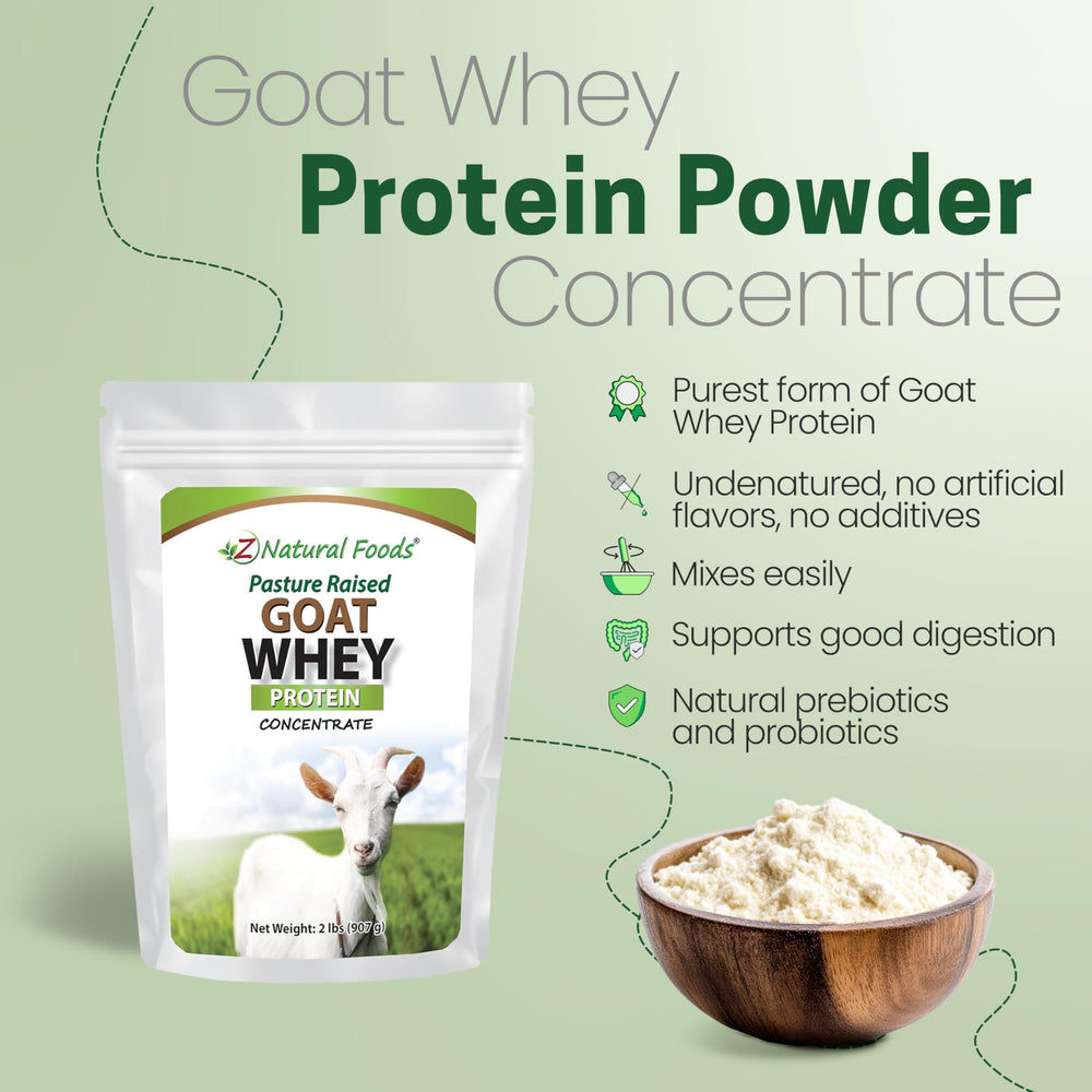 Z Natural Foods Goat Whey Powder scoop beside a glass, ready to mix.