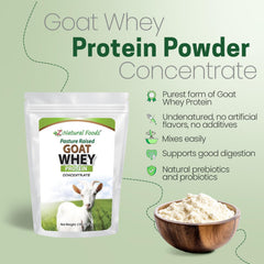 Z Natural Foods Goat Whey Powder scoop beside a glass, ready to mix.