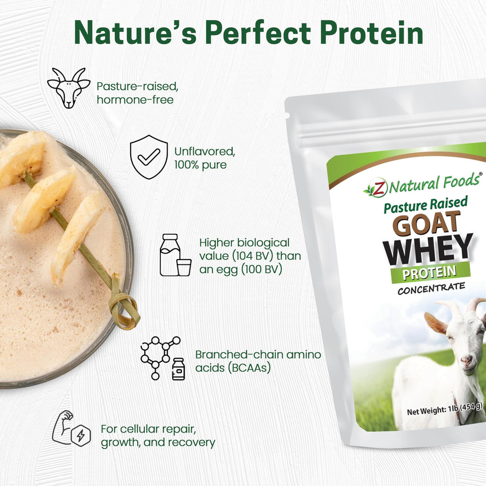 Z Natural Foods Goat Whey Protein Powder bottle with label showing 22g protein per serving.