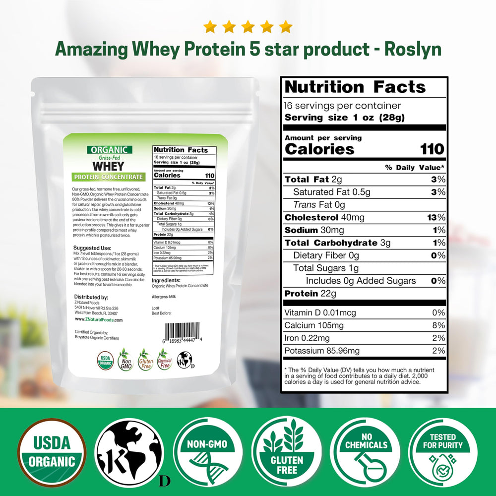 Z Natural Foods organic grass-fed whey bag highlighting clean ingredients.