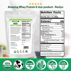 Z Natural Foods organic grass-fed whey bag highlighting clean ingredients.