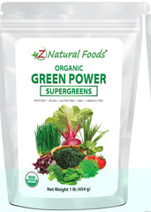 Z Natural Foods greens powder bottle poured into a glass for a quick daily greens boost.
