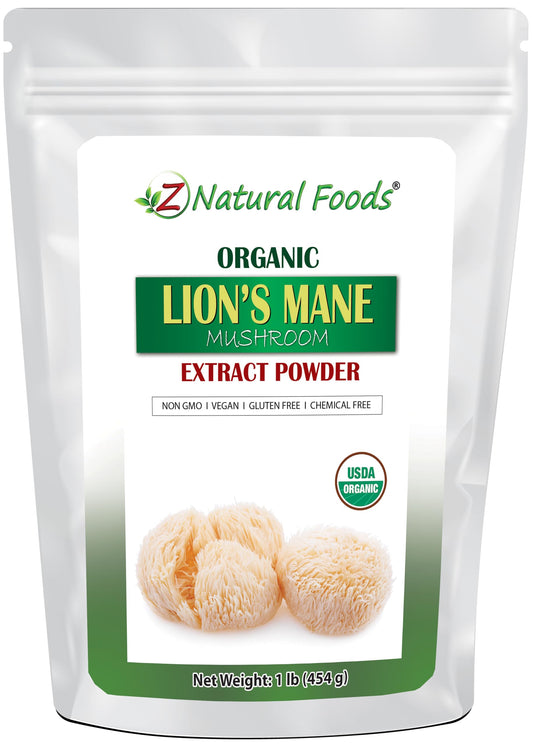 Z Natural Foods Lions Mane powder bottle, gluten-free and vegan supplement for smoothies.
