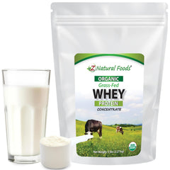 Z Natural Foods organic whey protein bottle with scoop for post-workout shakes