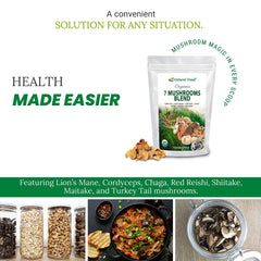 Z Natural Foods Sacred 7 Mushroom Blend closeup mushrooms showcases premium organic ingredients.