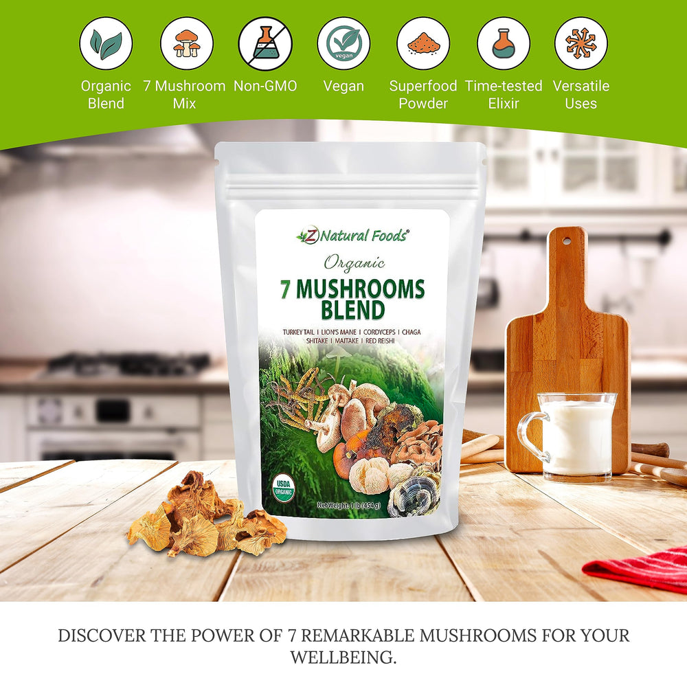 Z Natural Foods Sacred 7 Mushroom Blend coffee mug mix for energizing beverages.