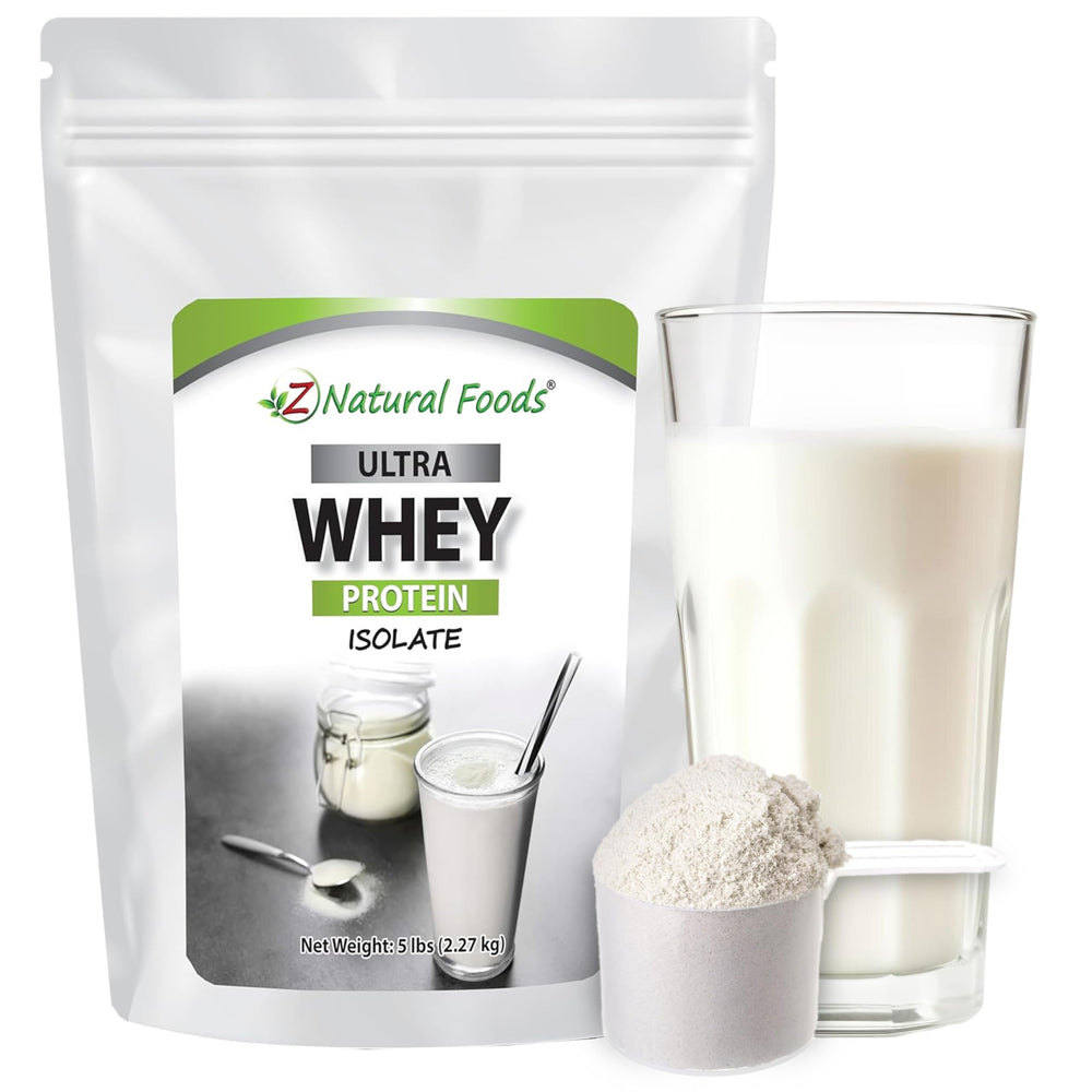 Z Natural Foods Ultra Whey Isolate canister: clean protein for versatile mixing.