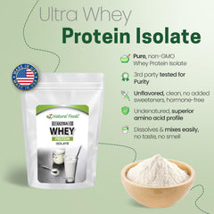 Z Natural Foods Ultra Whey Isolate close-up powder emphasizes high-protein content.