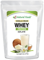 Z Natural Foods Vanilla Cream whey protein bottle on kitchen counter for a quick protein boost