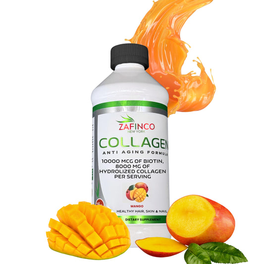 ZAFiNCO mango liquid collagen bottle showcases premium formula for hair, skin, and nails.