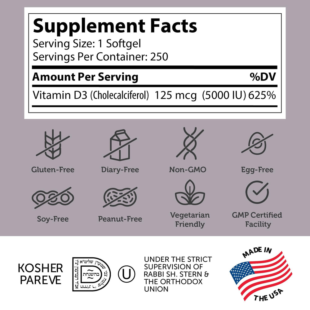 Zahler Advanced Vitamin D3 5000 IU bottle side showing high potency daily option.