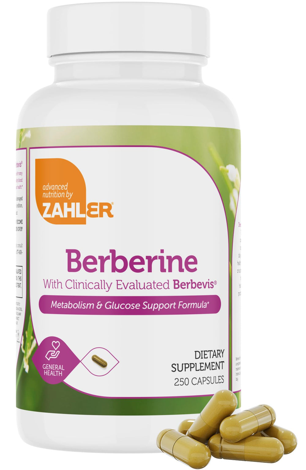 Zahler Berberine with Berbevis phospholipid formula enhances absorption for glucose support.