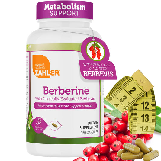 Zahler Berberine bottle featuring Berbevis complex for improved absorption.