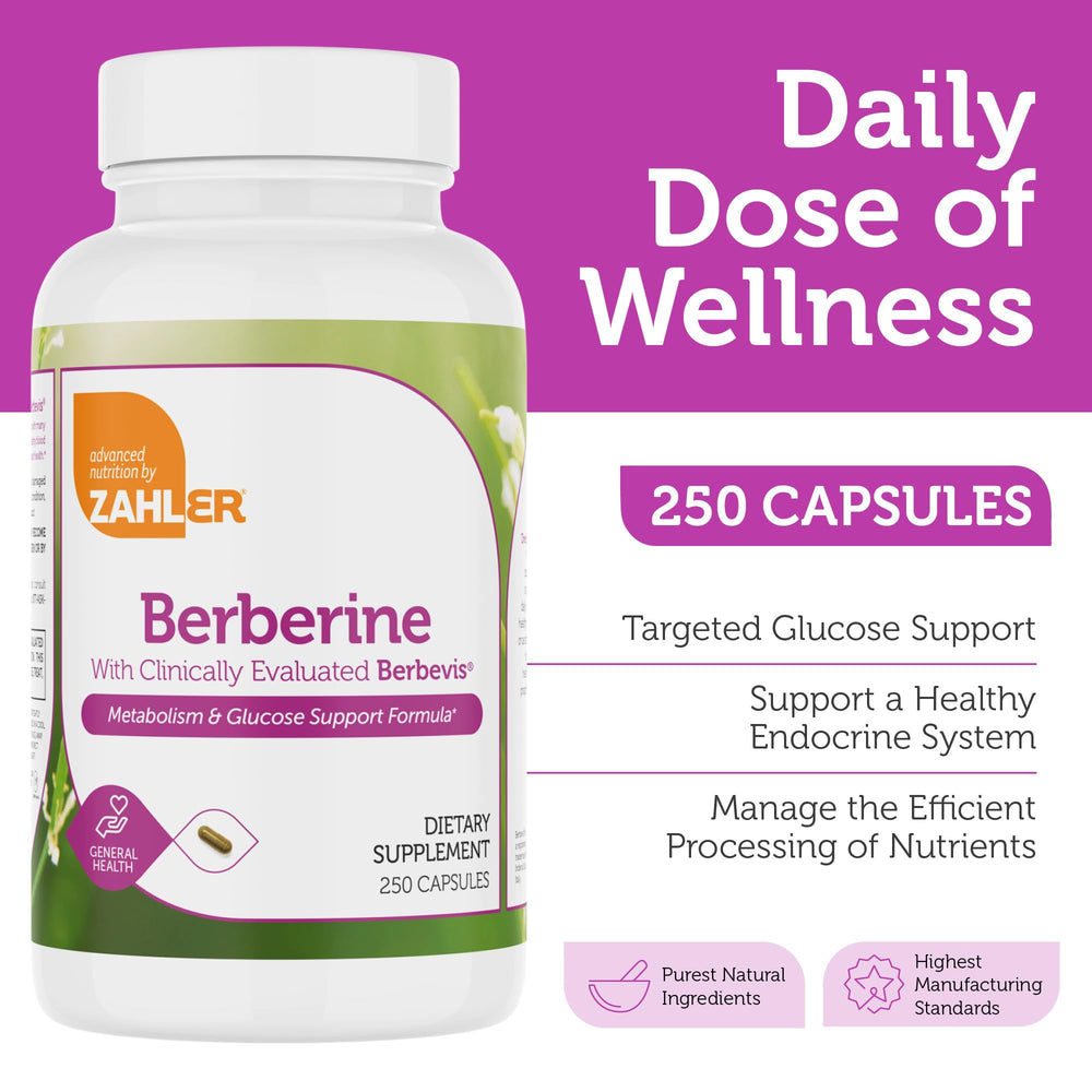 Zahler Berberine HCl 1000 mg capsules supporting metabolic function.
