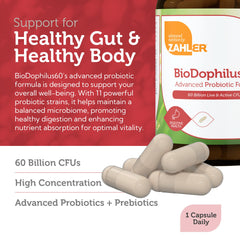 Zahler Biodophilus bottle with glass of water for easy daily use.