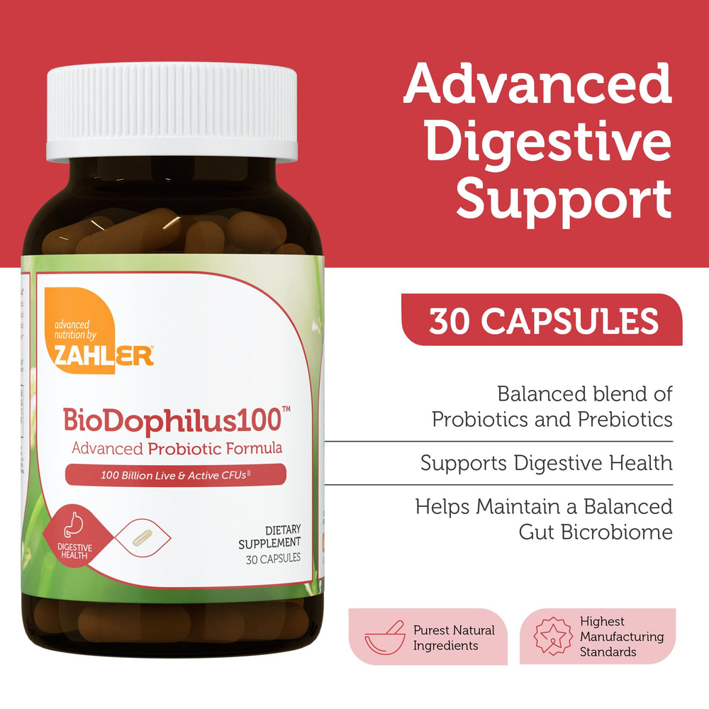 Zahler BioDophilus100 bottle back listing 11 strains and potency for digestion support