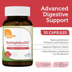 Zahler BioDophilus100 bottle back listing 11 strains and potency for digestion support