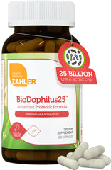 Zahler BioDophilus25 bottle front highlights a high-potency 25B CFU probiotic for daily use.