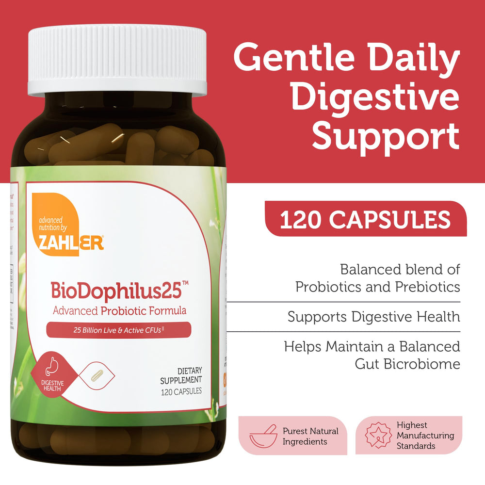 Zahler BioDophilus25 capsules close-up shows a convenient, ready-to-take form for daily intake.