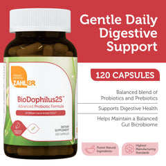 Zahler BioDophilus25 capsules close-up shows a convenient, ready-to-take form for daily intake.