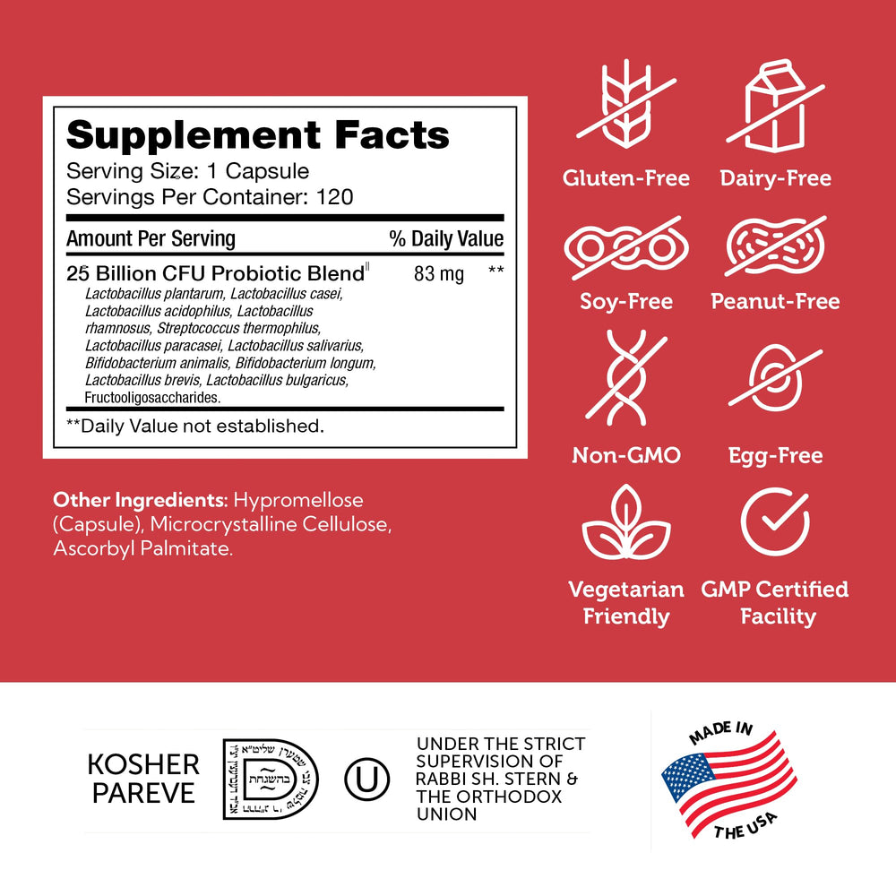 Zahler BioDophilus25 kosher label signals kosher, non-GMO formulation for dietary compliance.