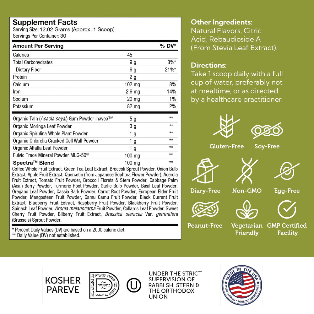 Zahler Core Greens label close-up emphasizes kosher non-GMO quality