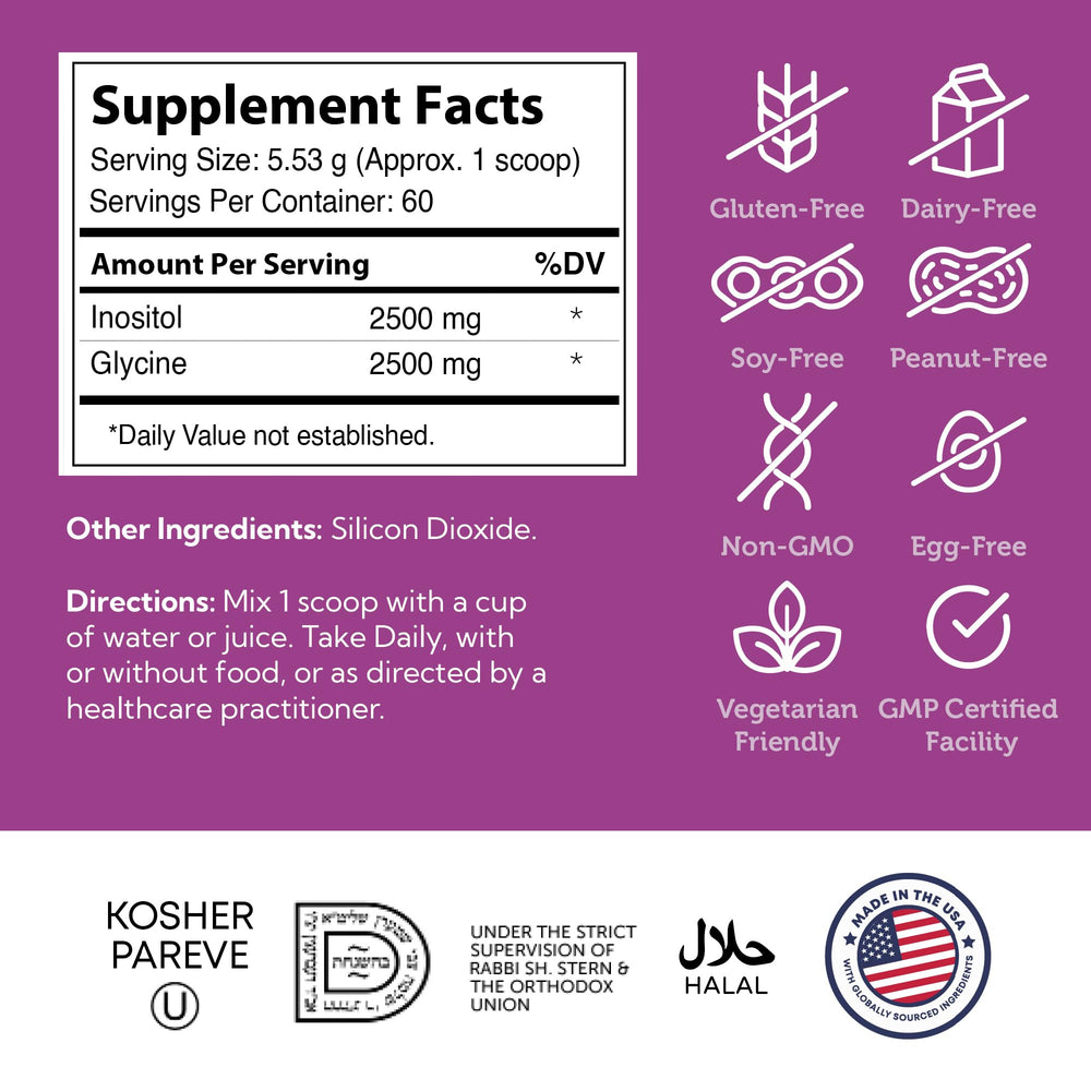 Zahler Inositol & Glycine powder packaging on kitchen counter.