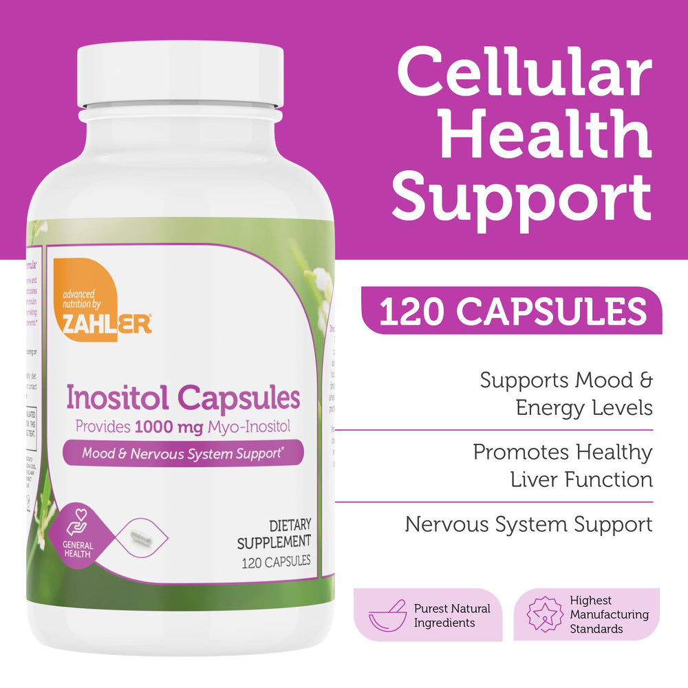 Packaging of Zahler Inositol highlighting kosher and gluten-free formula.