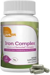 Zahler Iron Complex bottle front reveals gentle iron support with a digest-friendly formula.